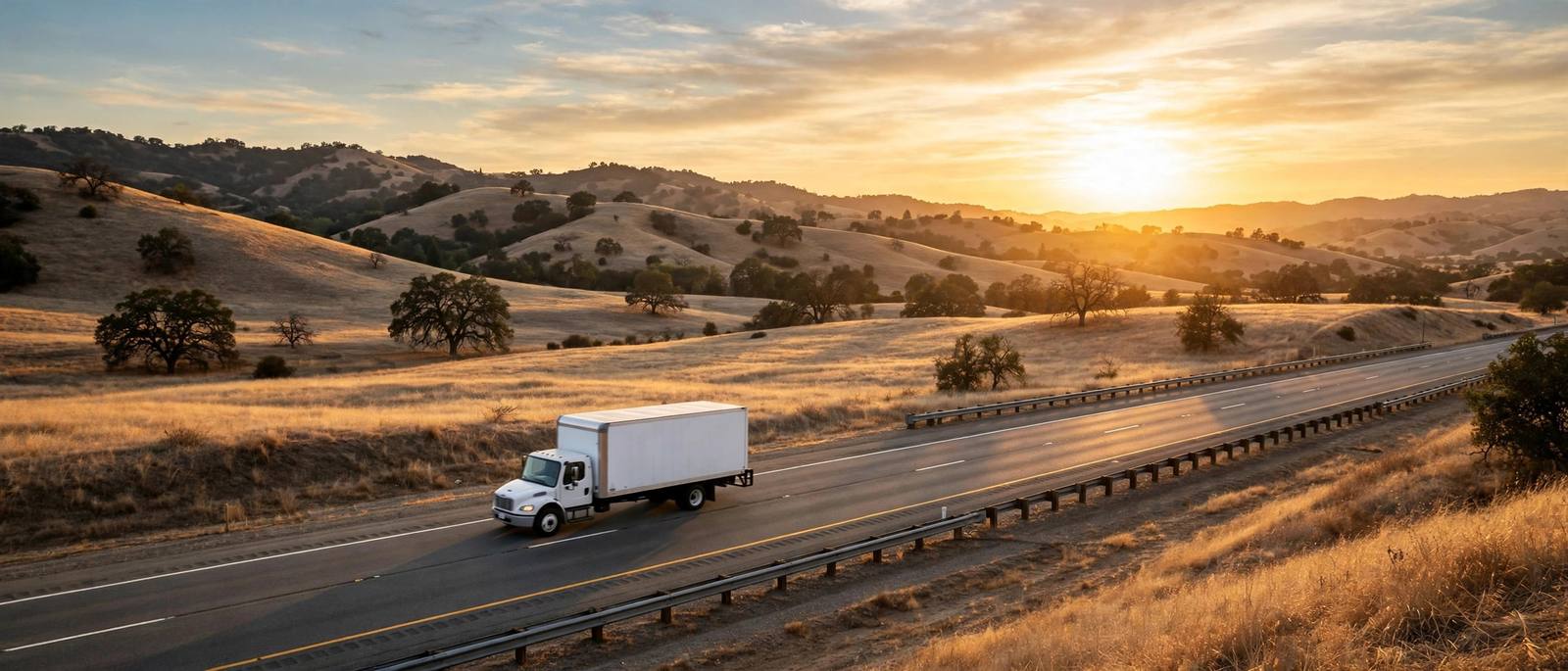 A moving truck on a California highway at golden hour