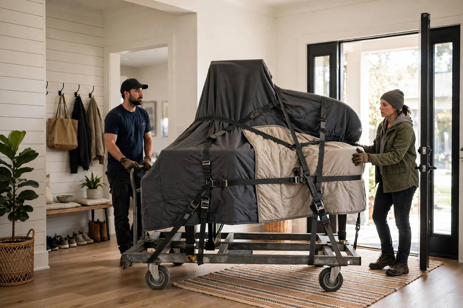 A blanket-wrapped grand piano on a dolly in a home entryway